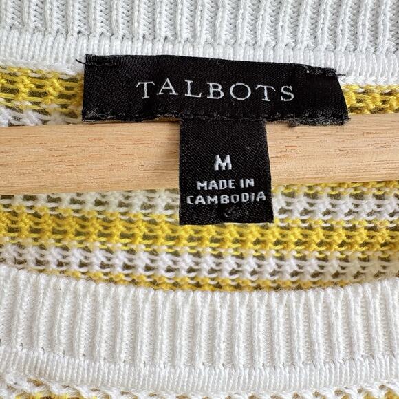 TALBOTS M Crewneck Knit Sweater Scallop Trim Yellow White Stripe Preppy Coastal - Picture 3 of 12